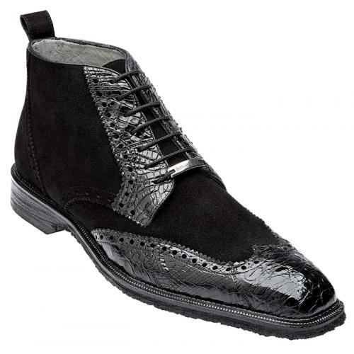 Belvedere "Modena" Black Genuine Crocodile Skin / Suede Ankle Boots